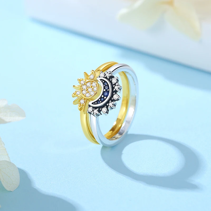 Original 925 Sterling Silver Rings Sun Moon Star Pave CZ Gold Color Stackable Ring For Women Engagement Gift Jewelry image 2