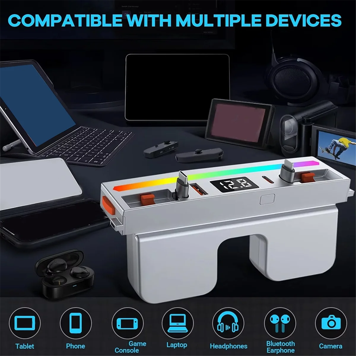 Док-станция BISMZ USB-концентратор с радужной подсветкой, 4 порта, выдвижной Light-Ning и Type-C, быстрая зарядка для Tesla Model 3