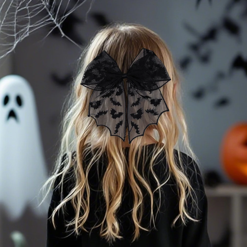 Halloween Bat Bow Hair Clips Bat Embroidery Lace Tulle Veil Gothic Hairpins Spooky Cosplay Hair Accessories For Women Girls view 2