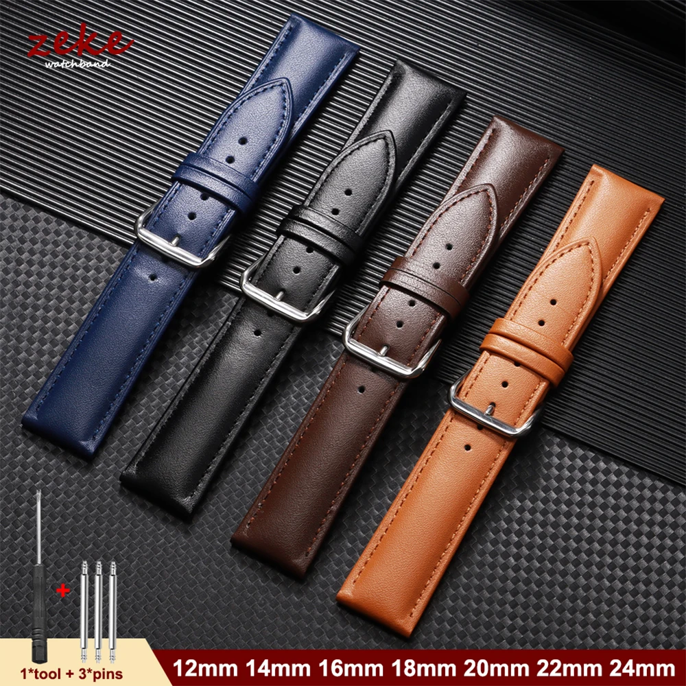 Echtes Leder-Uhrenarmband, 12/14/16/18/20/22/24 mm, weiches Kalbsleder, Ersatz-Uhrenarmbänder für Herren und Damen, Schwarz, Blau, Braun