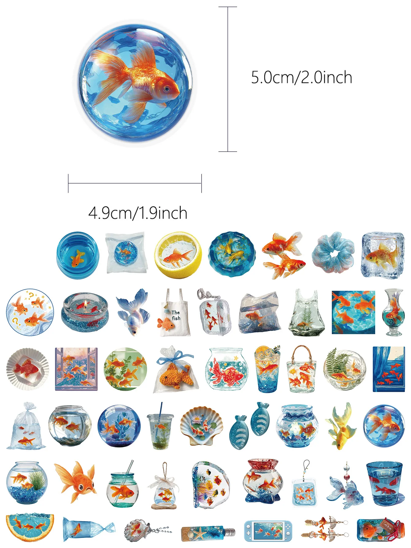 50pcs Goldfish Aesthetic Stickers, Waterproof Transparent Decals, Suitable for Water Bottles, Scrapbooks, Laptops, Luggage DIY