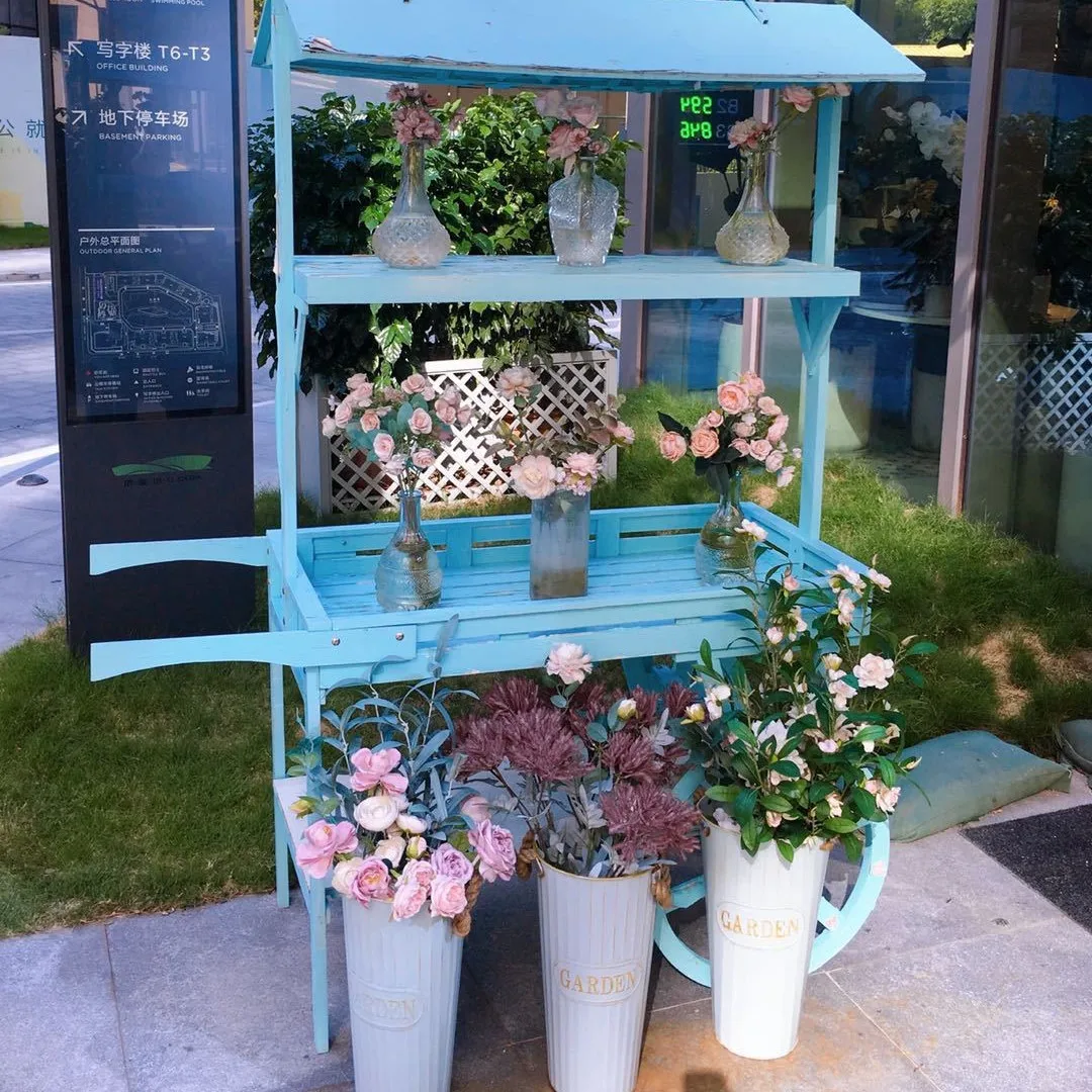 American rural hand push wooden float flower stand flower rack flower shop decorative display rack retro cart