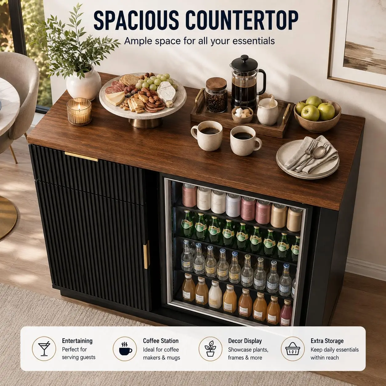 Coffee Bar Cabinet with Fridge Space & Power Outlet, Fluted Sideboard with Drawer & Shelf for Home Kitchen Dining, Customized - view 3
