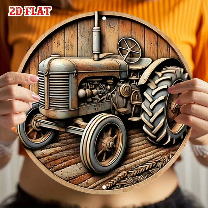 2D Flat - Round Sign Featuring Rural Life, Showcasing Farm Equipment And a Vintage Tractor. This Rustic Metal Wall Art