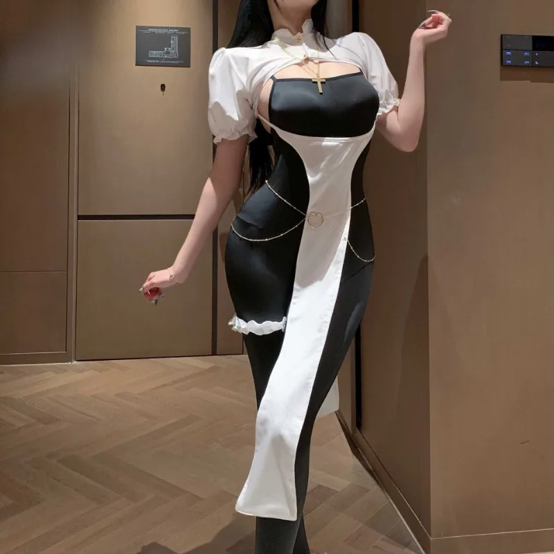 

European and American Women's Erotic Lingerie Nun's Clothing Sexy Tight Fitting Jumpsuit Uniform Set Dark Halloween Costume