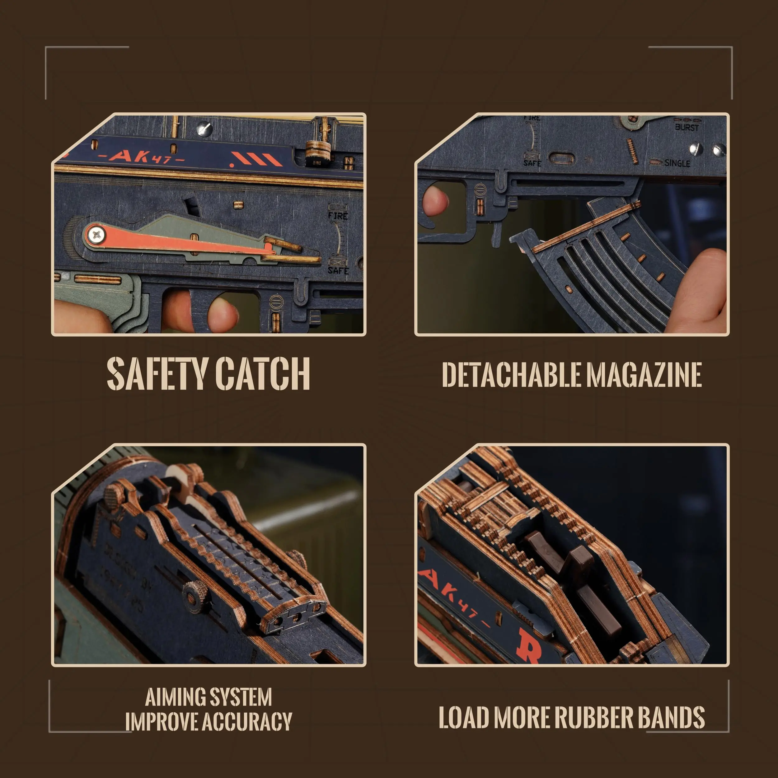 RoWood 3D Quebra-cabeças de madeira Tempo de montagem 6H, kit de modelo de brinquedo de arma de borracha, aniversário/natal/presentes criativos para adultos e adolescentes