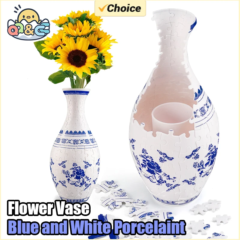 3D Puzzle Vase Blue and White Porcelain Design Made Plastic Home Decoration and Flower Arrangement Housewarming Kids Toys Gifts