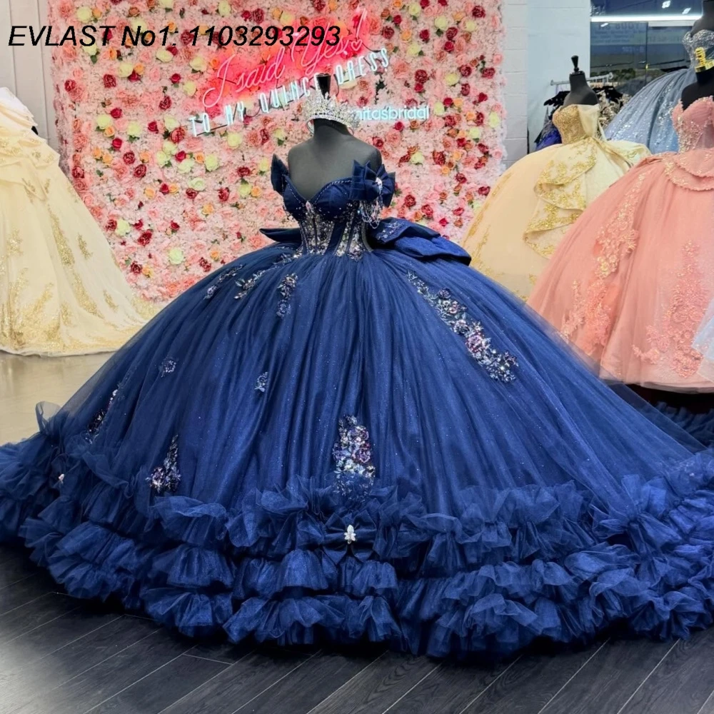 

EVLAST Customized Princess Navy Blue Quinceanera Dress Ball Gown Lace Applique Beading Corset Sweet 16 Vestidos De 15 Anos AQ330