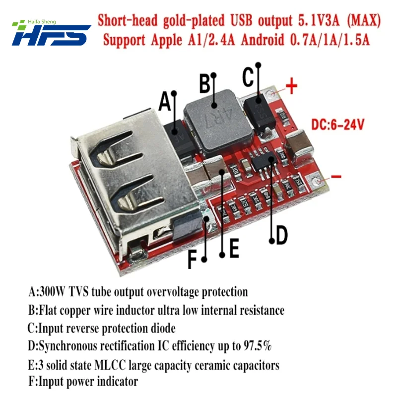 6-24V 24V 12V to 5V USB Step Down Module DC-DC Converter Phone Charger Car Power Supply Module Efficiency 97.5% Buck Module