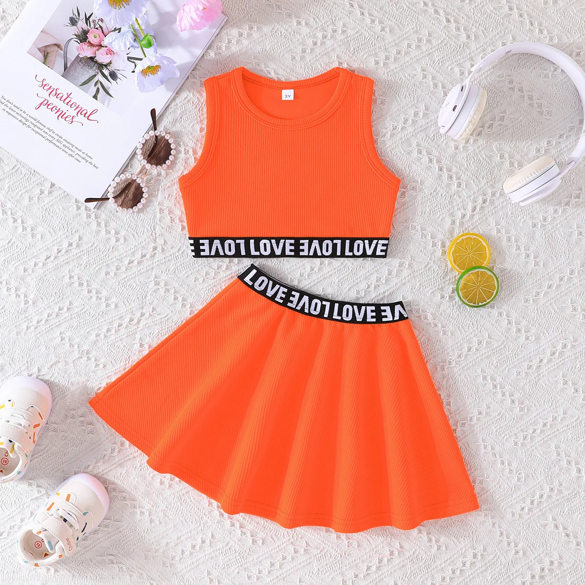 2Piece Sets 2025 Summer Kids Girls Clothes Korean Fashion Letter Sleeveless Cotton Beach Tops+Skirt Baby Boutique Clothing BC613 3
