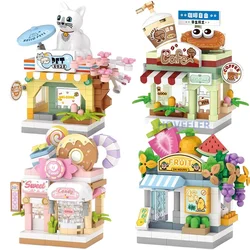 Street View Restaurant Dessert Coffee Pet Fruit Store Model Building Blocks Food House Bricks Girls Gift Toys for Kids Children