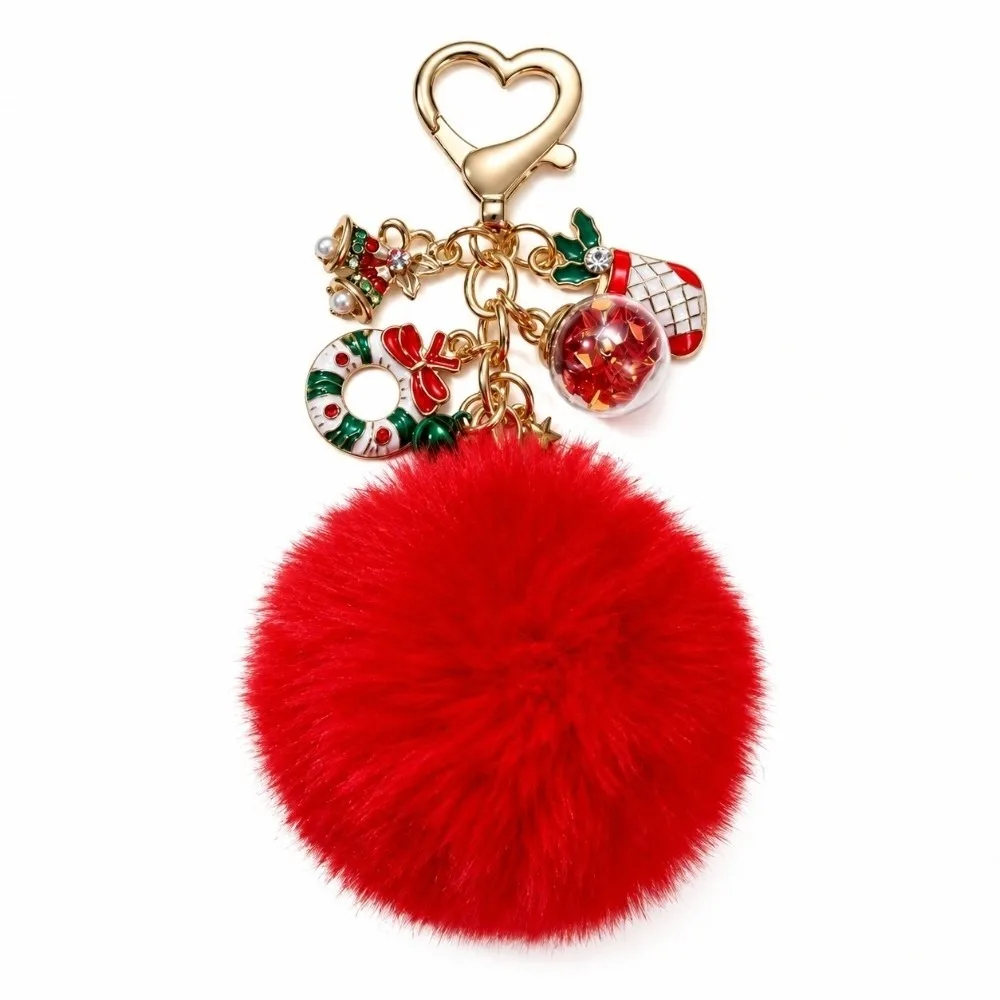 Stylish Soft Plush Fluffy Ball Keychain Snowflake Bell Cute Christmas Keychain Elegant Heart Clasp Bag Charm New Year