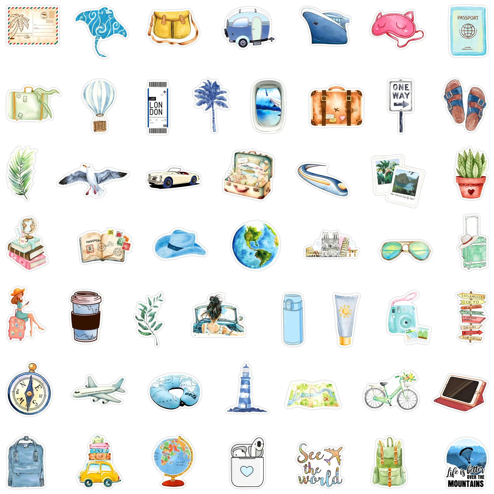 50 قطعة من ملصقات السفر الخارجية الكرتونية المقاومة للماء على طراز الكتابة على الجدران لتزيين حقيبة الكمبيوتر المحمول ولوح التزلج على الجيتار