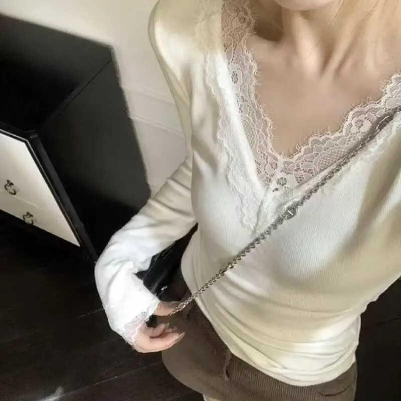 

Базовый слой с кружевным краем и v-образным вырезом для девочек, модная рубашка принцессы с длинными рукавами, универсальная сексуальная весенне-осенняя одежда, майка, подарок для девочек