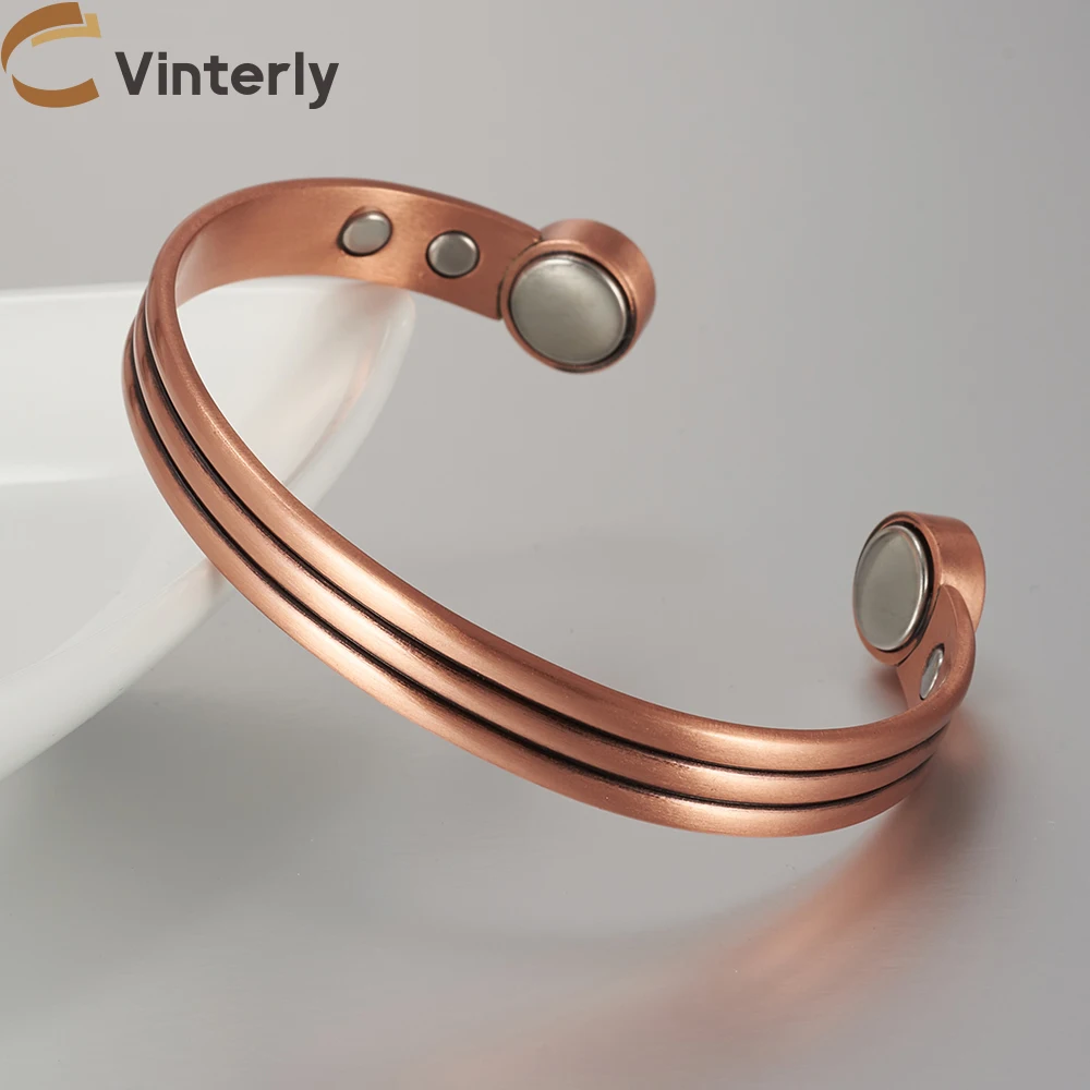 Vinterly Pure Copper Bracelet Men Women Adjustable Vintage Stripe Magnetic Bangle Arthritis Health High Magnet Jewelry Resizable