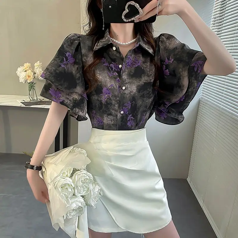 Ruffles Short Sleeve Blouse Oversized Women\'s Clothing Korean Fashion Buttons Turn-down Collar Shirts Ladies Elegant Top Tee