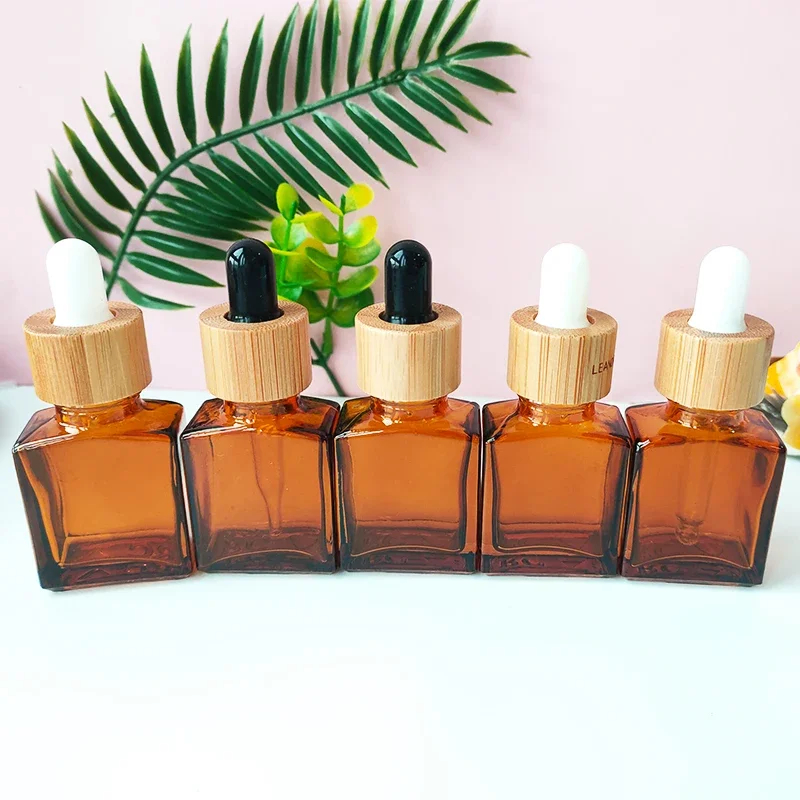 Wholsesale!high quality Square Glass Serum Bottle with Eye Pipette Dropper Amber Refillable Press Pump Spray VialBambooCapTravel