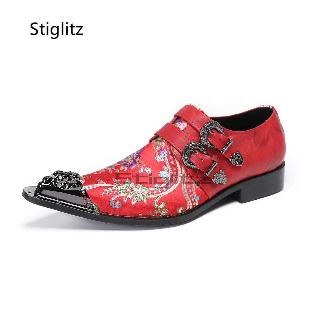 

Red Prints Wedding Shoes for Men Metal Pointed Toe Dress Genuine Leather Shoes Luxury Double Buckle Business Formal Oxfords New