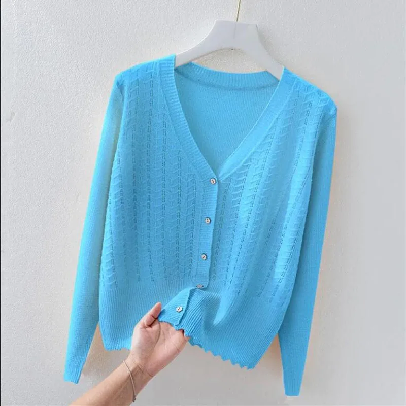 

Women's Thin Knitted Jacket 2024 New Spring Summer Autumn Ice Silk Sweater Coat Cardigan Tops Sun-Proof Knitwear Outerwear