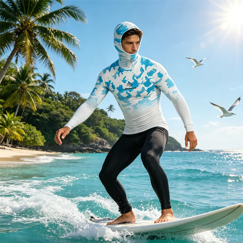 

Surf Hooded Rash Guard Men Long Sleeve Cruise Shirt Sailing Top Wear Luxury Surfing Clothing for Surfing Swimming Water Sport