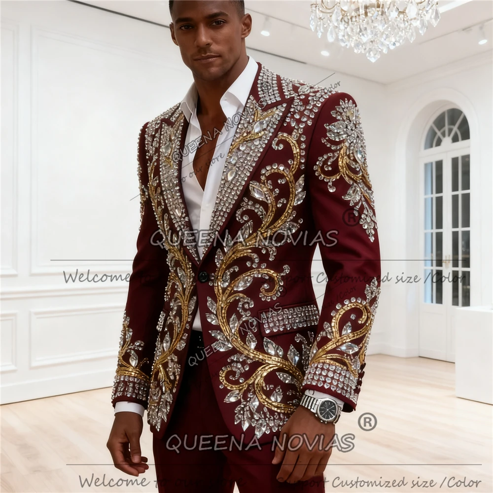 Exclusive Jewelry Stones Ornament Wedding Suits For Man Customized Single Bresated Prom Blazers  Slim Fit 2 Pieces Sets Costumes