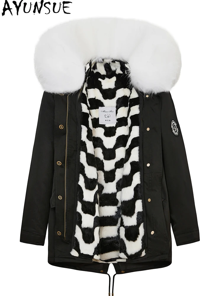

AYUNSUE Пальто из натурального норкового меха 2025 Меховая парка средней длины Женская зимняя одежда Теплые женские пальто с воротником из меха енота Пальто Женское