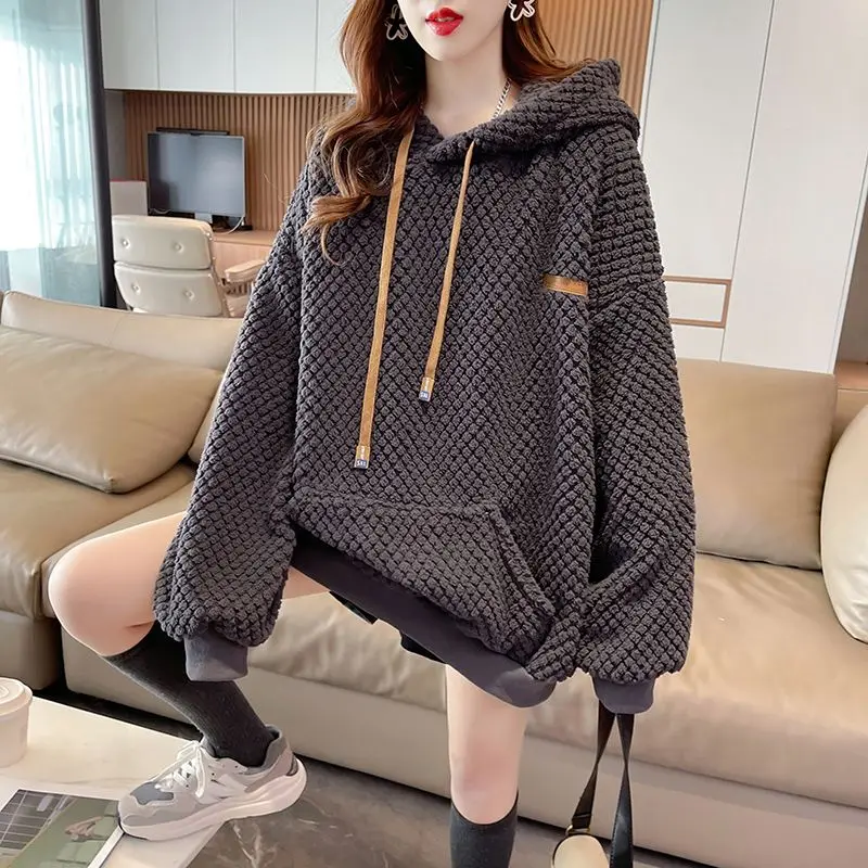 DAYIFUN Lamb Hair Hoodies Women's Autumn Winter Korean Loose Big Pocket Pullover Sweatshirts Cashmere Thickened Versatile Tops