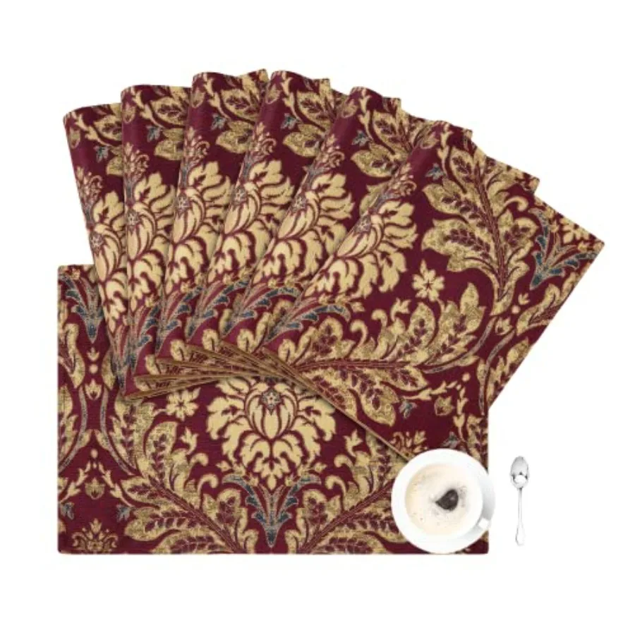 

Loom and Mill Luxury Jacquard Placemats Set of 6 Burgundy Red Damask Non-Slip Table Place Mats for Christmas Holiday Kitchen Pa