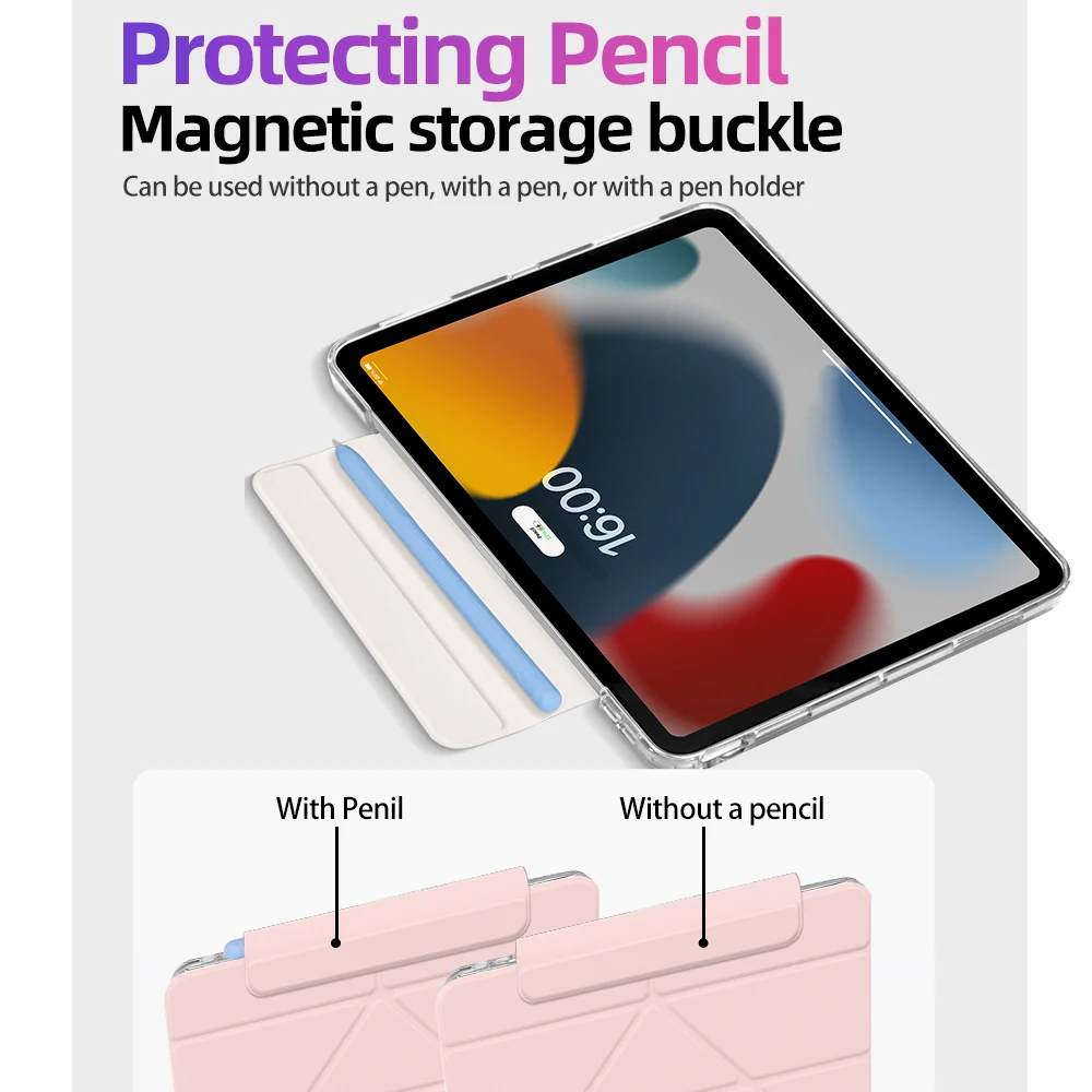 Pencil Sleeve Compatible Case for iPad mini 6/7 - Magnetic Buckle, Clear Acrylic Back, Adjustable Angles, Auto Wake/Sleep