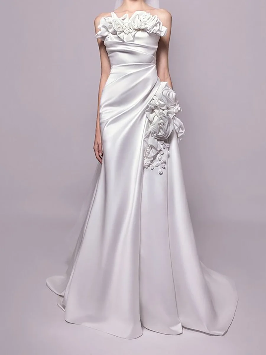 Elegant Strapless Flowers Ruched Sleeveless Mermaid Bride Wedding Dresses Bridal Gowns Customized