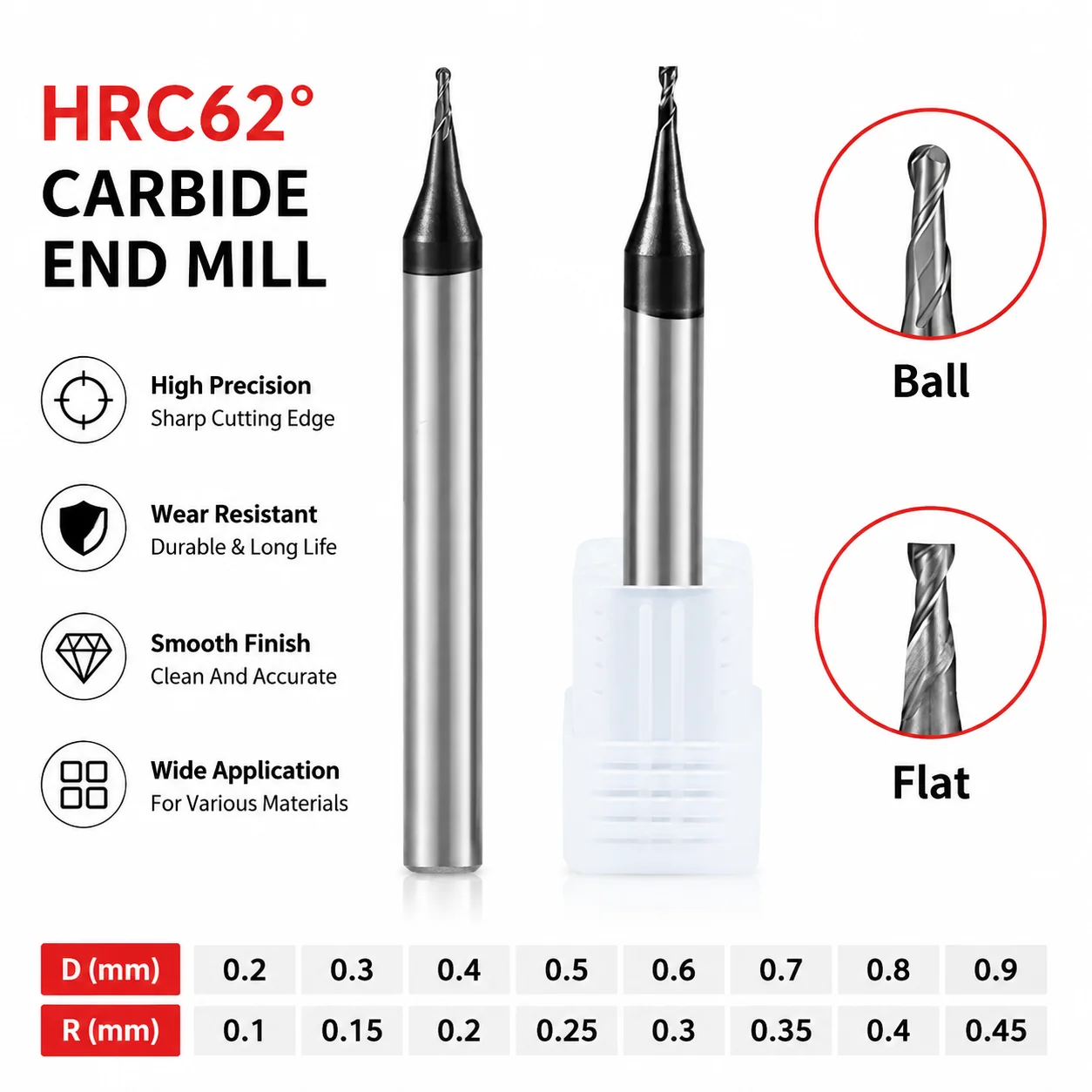 HRC62 °   Mikro-Kugelfräser/Flachfräser R0,1-R0,45 D0,2-D0,9 Wolframkarbid 4mm Schaft 50mm Länge Mikro-Fräser CNC-Gravierbit