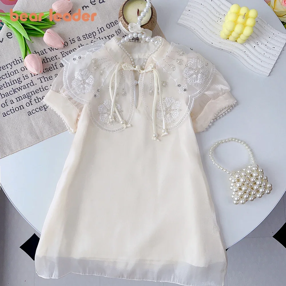 Bear Leader Summer Dress New Girls\' Chinese Qipao Mesh Pearl Applique Dress Children\'s Kids Sweet Fashion Short Sleeve Dress