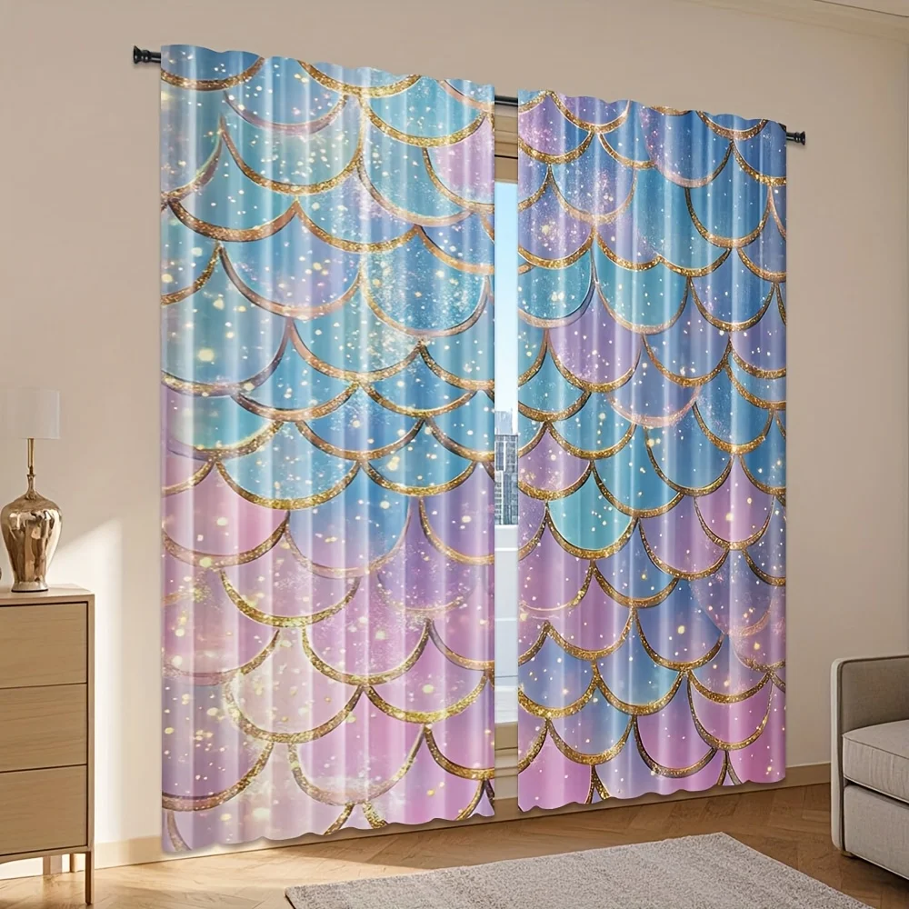 2pcs, Watercolor abstract scales theme curtain, ideal for creating a fun and artistic vibe inhome with a mermaid inspired design