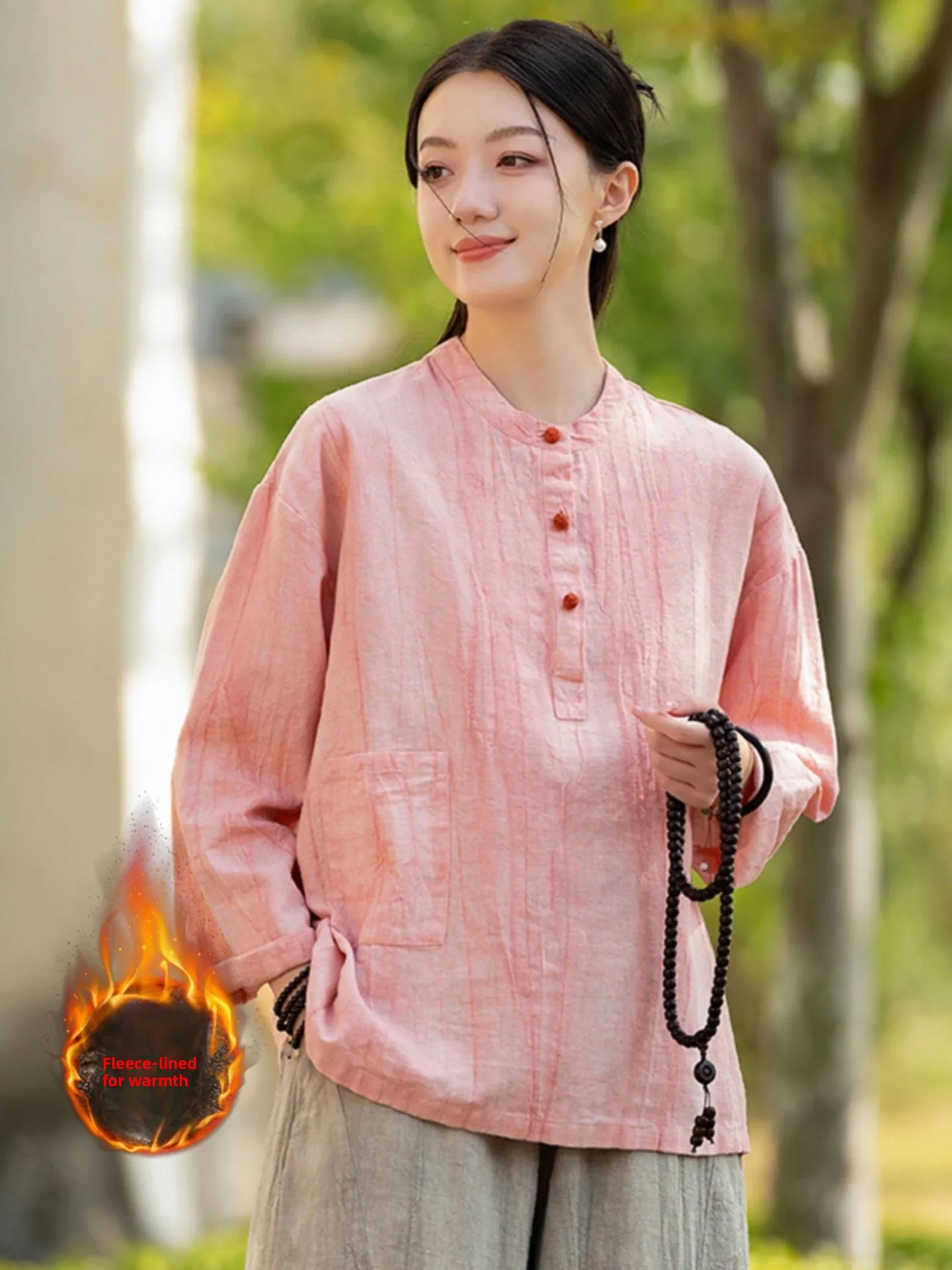 Women's Cotton Linen Shirt Thickened Fleece Inner Autumn Winter New Style Traditional Chinese Style Button up Headwear Outerwear