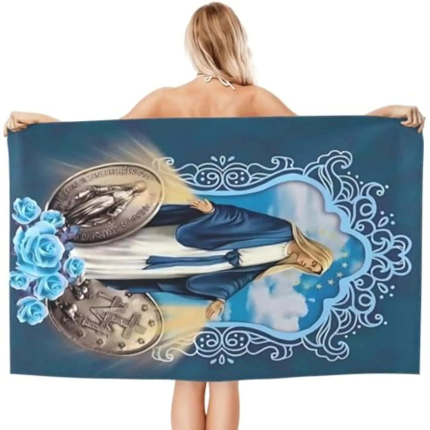 Virgin Mary Miraculous Medal Beach Towel Soft Coral Fleece Bath Towel Christian Religious Gift