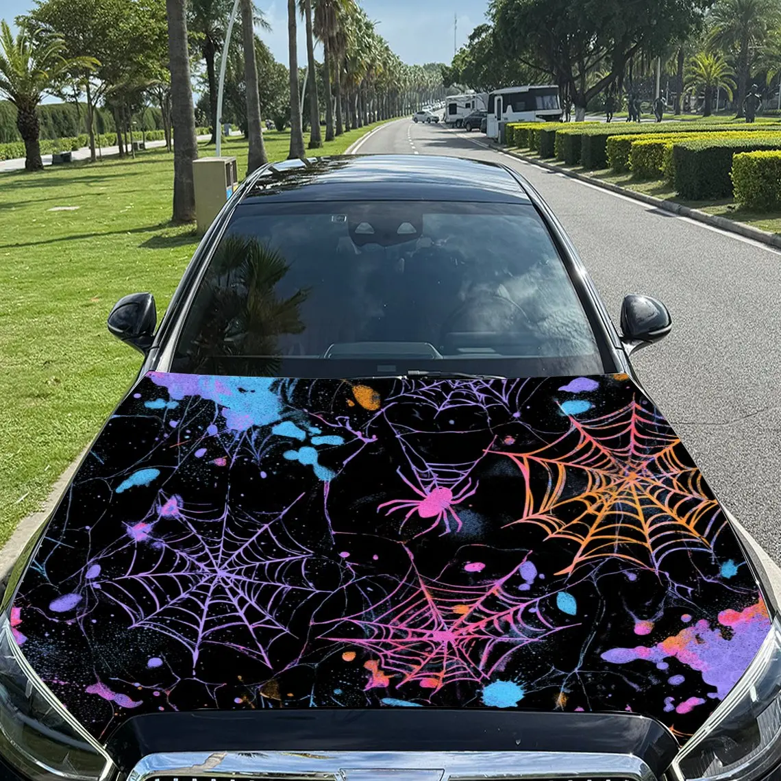 Colorful Spider Webs and Elf Spiders Car Vinyl Wrap, PVC Material Waterproof Car Hood Sticker, Self-Adhesive Scratch-Resistant S