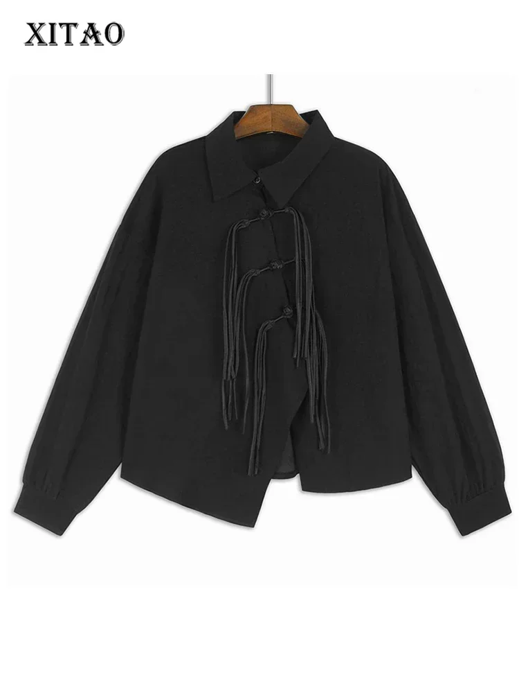 

XITAO Tassel Chinese Style Irregular Full Sleeve Blouse Solid Color Dark Casual Design Style New Autumn Women Shirt GMM1209