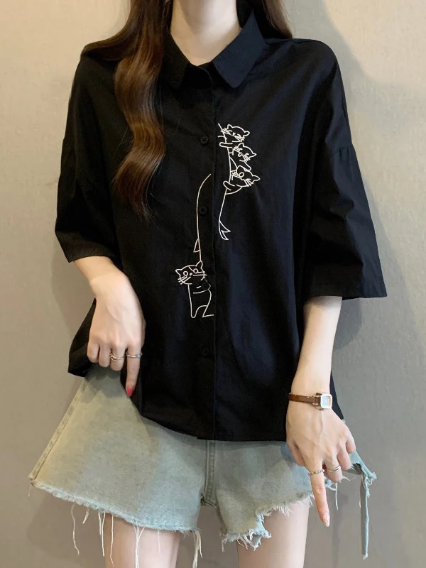

Black Embroidery Short Sleeve Loose Women's Shirt Korean Style Comfortable Casual Top for Summer plus Size Belly Concealing