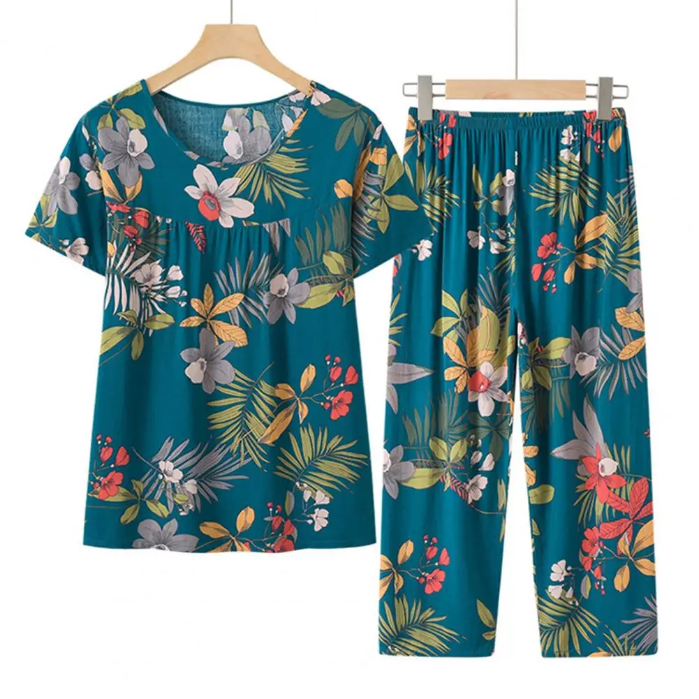 

Loose Fit T-shirt Suit Flower Printed Women's Top Pants Set with Retro Style Elastic Waist Wide Leg Design for Comfortable Daily