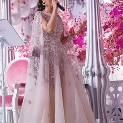 Saudi Arabic Pink Beaded Lace Evening Dresses With Cloak Luxury A-line Long Prom Gowns Formal Party Dress Elegant Women Vestidos