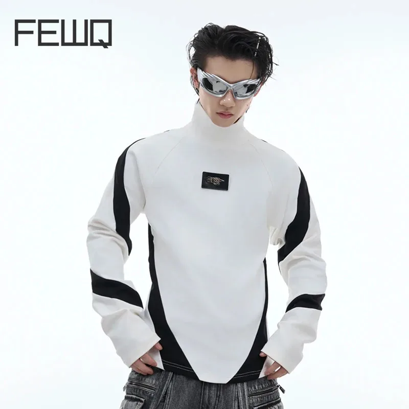 

FEWQ Niche Contrasting Color Splicing Half High Neck Base T-shirt Slim Fit Long Sleeved High Street Casual Male Tops 24E2110