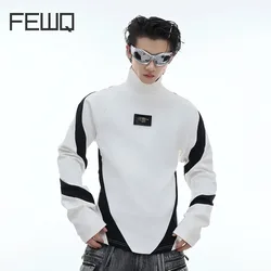 FEWQ Niche Contrasting Color Splicing Half High Neck Base T-shirt Slim Fit Long Sleeved High Street Casual Male Tops 24E2110