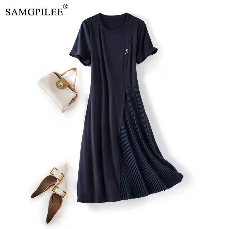 

Female Dress 2023 Summer New Slim Side Pinched Pleats Hot Diamond Light Luxury O Neck Mid Length Elastic Womens Dresses 4XL