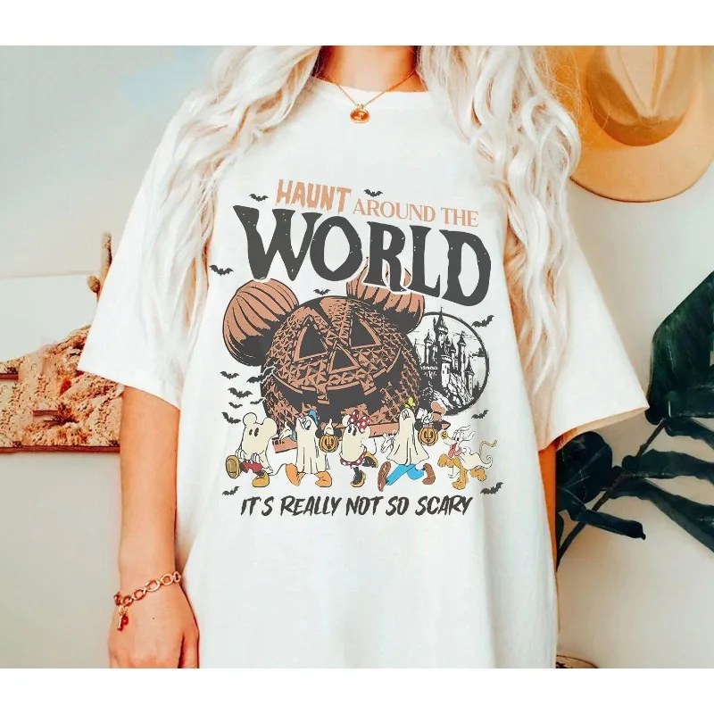 

Женская футболка с изображением Микки и Друзей, призрак Хэллоуина и тыквы, летняя новая стильная мужская и женская пара, повседневная модная уличная одежда