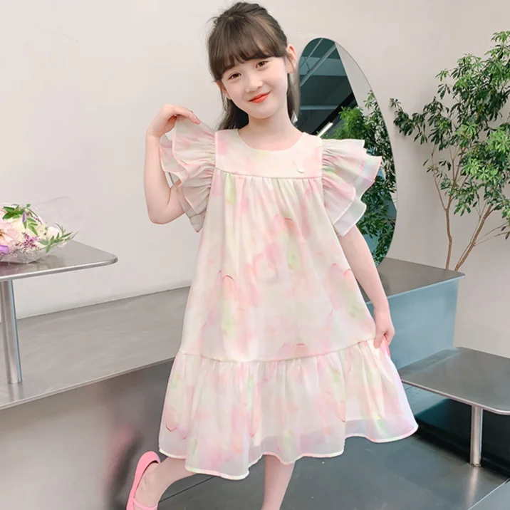 Meninas saias 2024 verão novas crianças usar menina bebê fantasia doce babados rendas manga voadora chiffon vestido de princesa casual diário