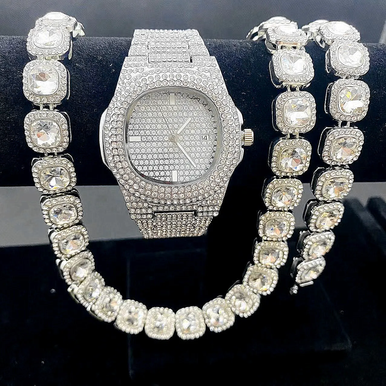 3 pçs iced out relógio + pulseira + colares para homens mulher casal relógio de ouro link correntes bling jóias conjunto para relógios masculinos reloj