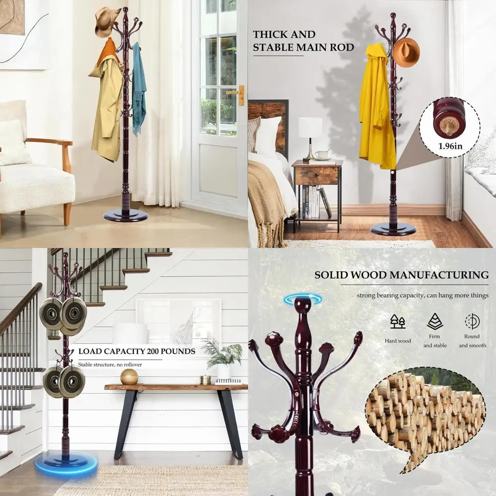 رف معطف خشبي قائم بذاته مع 14 خطافًا، حامل على شكل شجرة طبيعية لسهولة التجميع، حل مثالي لتخزين المدخل #1