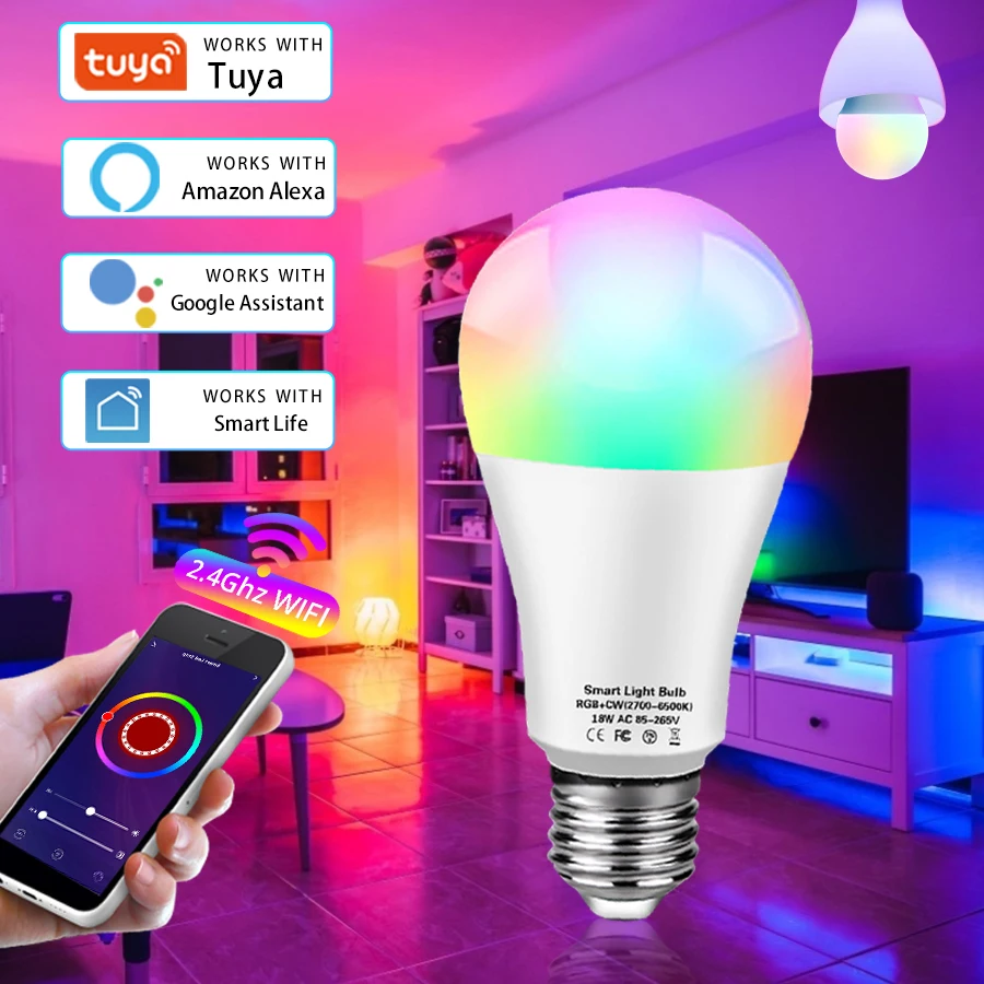 

Tuya Smart WiFi Bulb E27 18W 12W 15W Smart Life APP Control Alice Alexa Voice Control Dimmable LED Lamp Works With Google Home