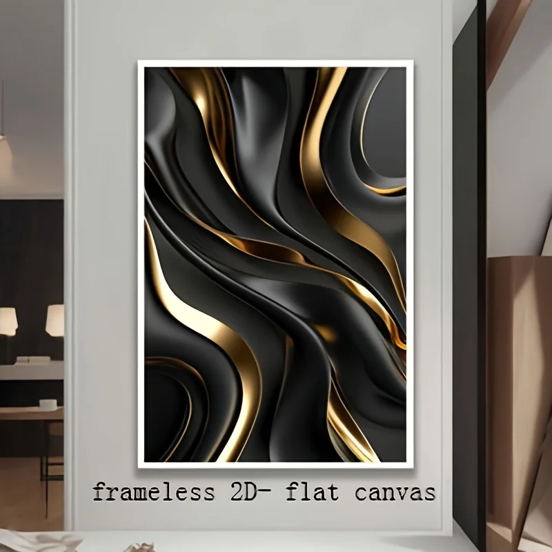 Frameless 2D Flat Black And Golden Wave Canvas Art Print - Modern Abstract Wall Decor Without a Frame, Suitable for Living Rooms