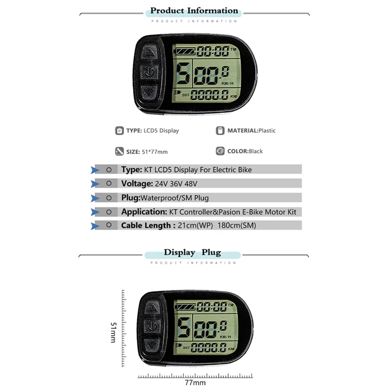 Pantalla de KT-LCD5 para bicicleta eléctrica T72C, 24V36V48V72V, 5 pines, SM/conector impermeable, Panel de Control inteligente para bicicleta eléctrica